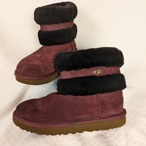 Ugg Women's Mini Fluff Shearling Belted Booties Burgundy Black Trim